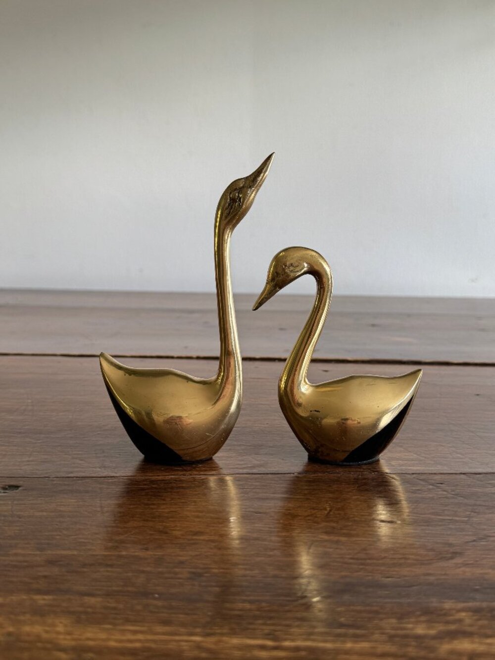 Set of Two Brass Swans with Black Base Detailing - Pair of Brass Birds